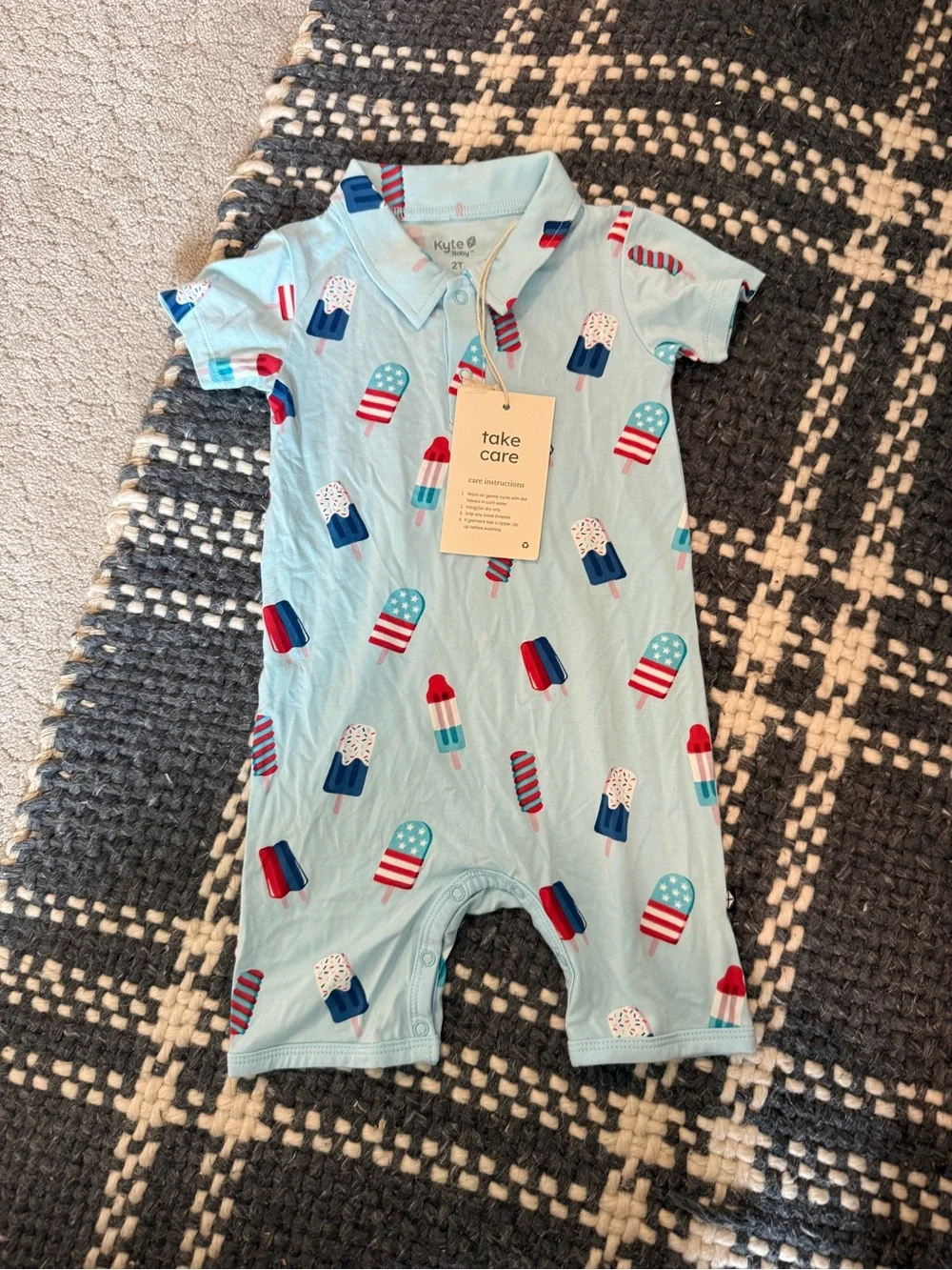 Kyte BABY Light Blue Popsicle Polo Romper with Red & Navy Accents